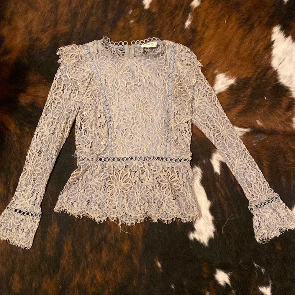 Silver gray-blue lace blouse